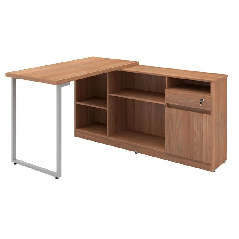 Mesa para Escritório em L 1 Gaveta 1 Porta Metalic Plata Móveis Amendoa