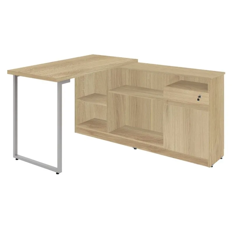 Mesa para Escritório em L 1 Gaveta 1 Porta Metalic Plata Móveis Carvalho