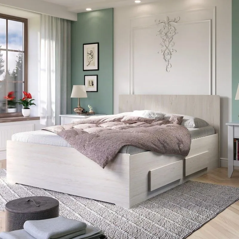 Cama Reta De Casal Com 4 Gavetas Ilan 1254 Carvalho Claro