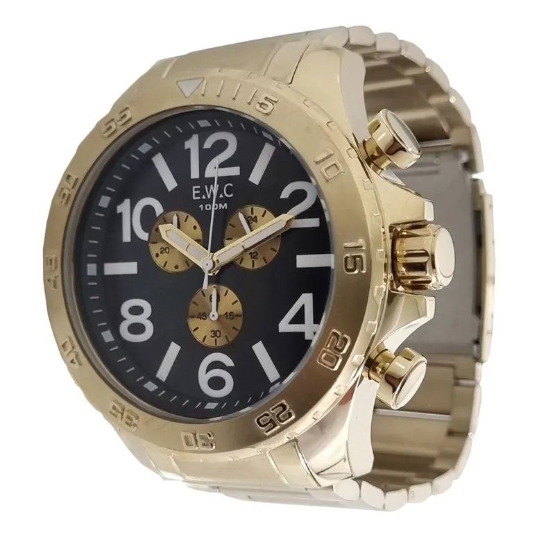 Relógio ewc Masculino Dourado Cronógrafo Big Case EMT141635