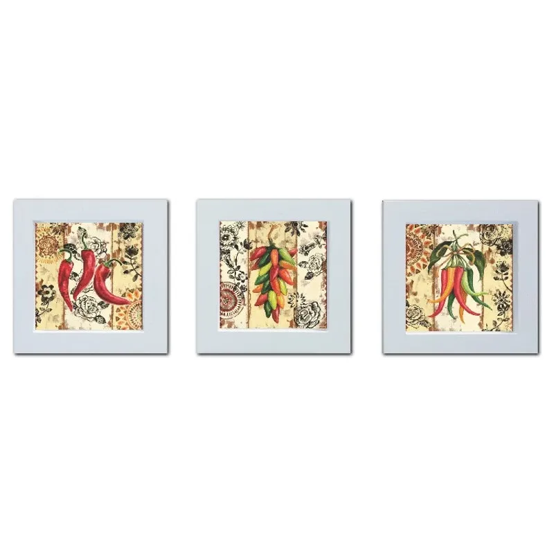 Kit 3 quadros de cozinha com pimentas moldura branca 14cm