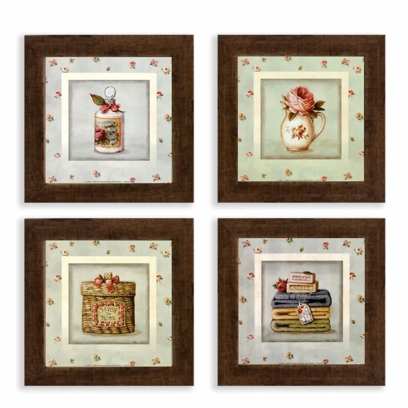 Kit 4 quadros com vidro, banheiro vintage, 21cm