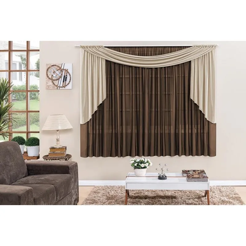 Cortina Rebeca para varão simples linha básica 3m Tabaco/Bege