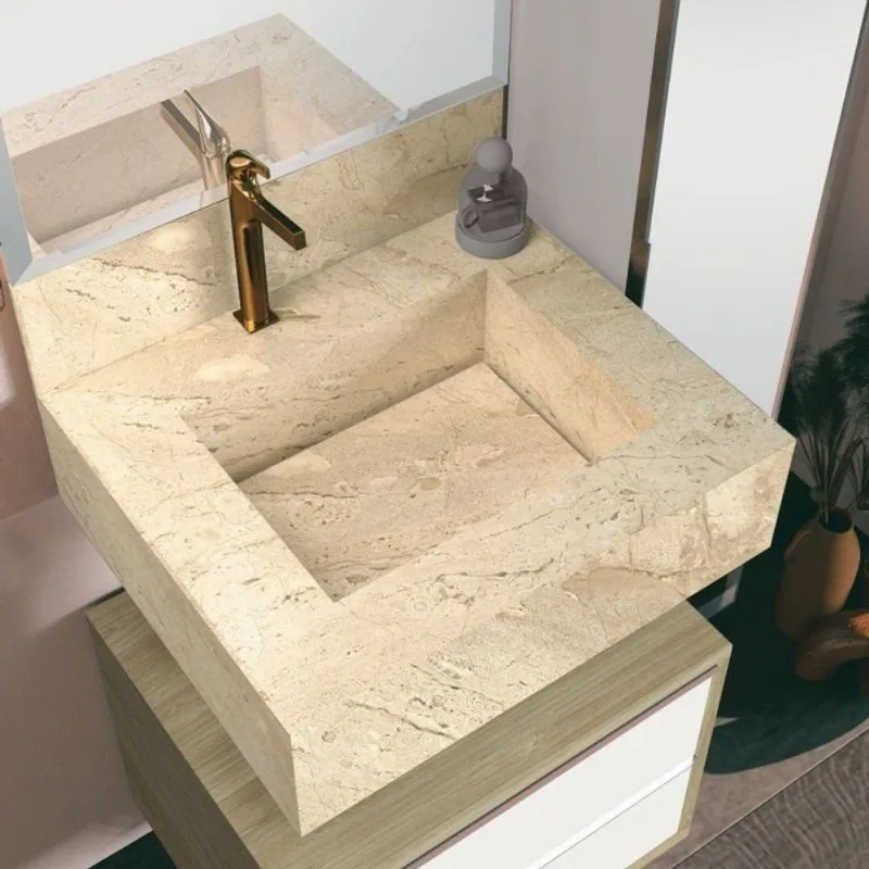 Bancada Em Porcelanato Para Banheiro 60cm Max Com Cuba Esculpida Blu Travertino - BLU