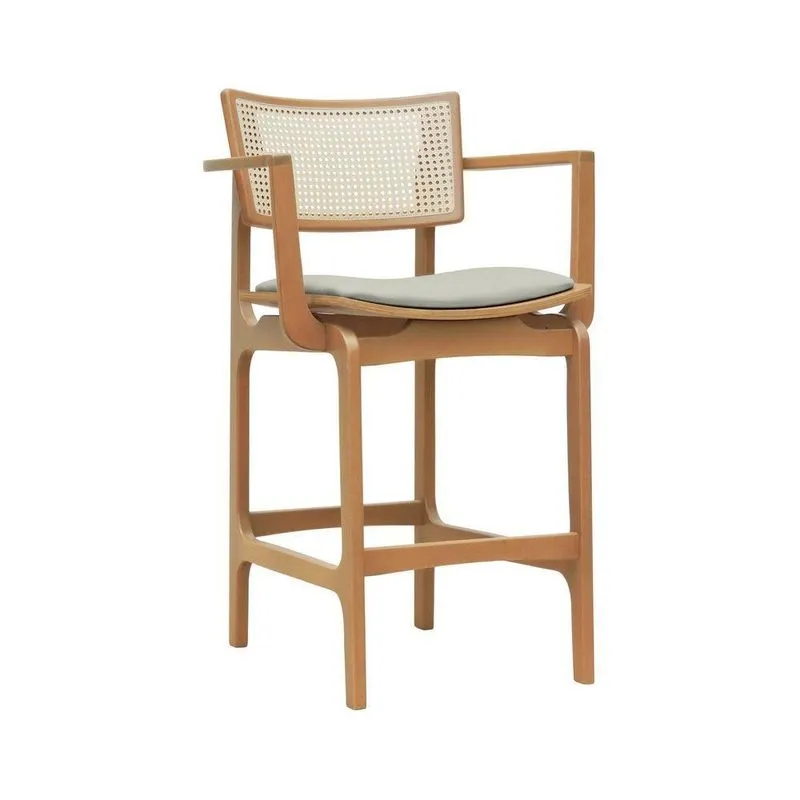 Banqueta Alta Bistrô Apollo Com Braços Encosto Telinha Natural E Assento Anatômico - Natural Estofado Linho Bege