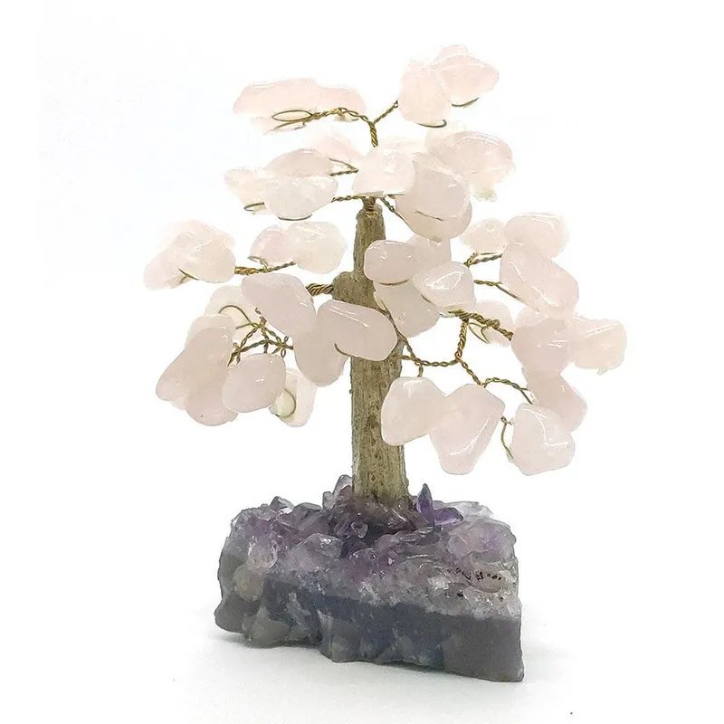 Árvore De Pedra Quartzo Rosa Base Ametista Tronco Dourado 13
