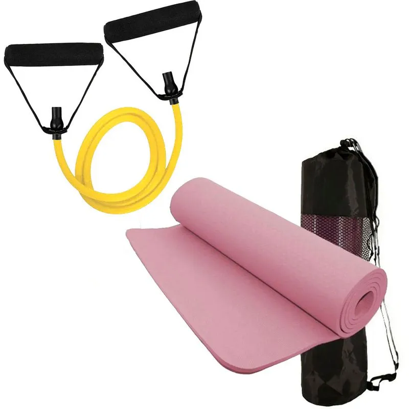 Kit Tapete De Yoga Rosa Elástico Extensor Tensão Mbfit - Amarelo