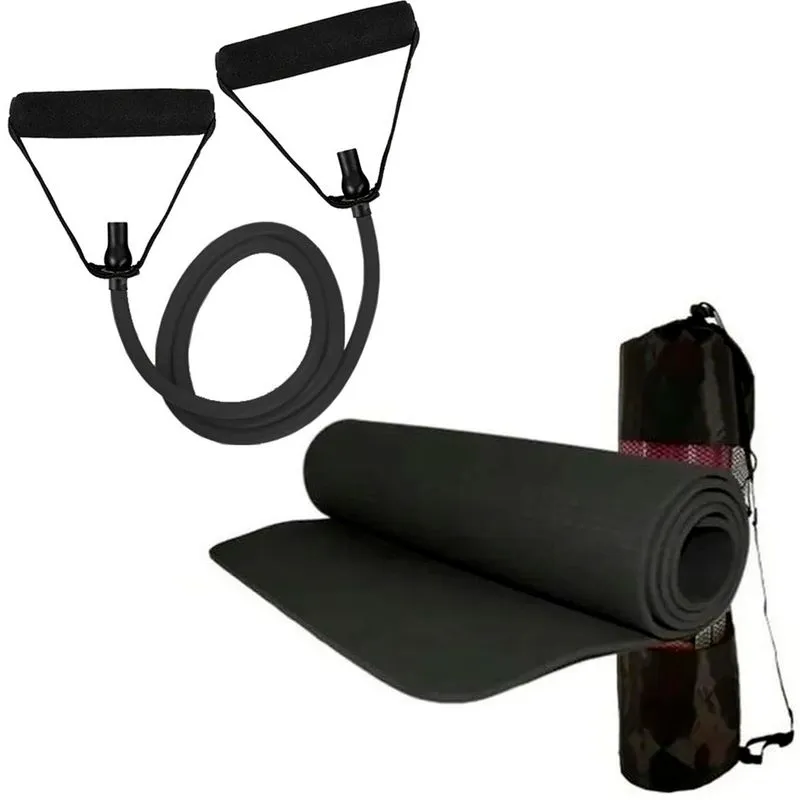 Kit Tapete De Yoga Preto Elástico Extensor Tensão Mbfit - Preto