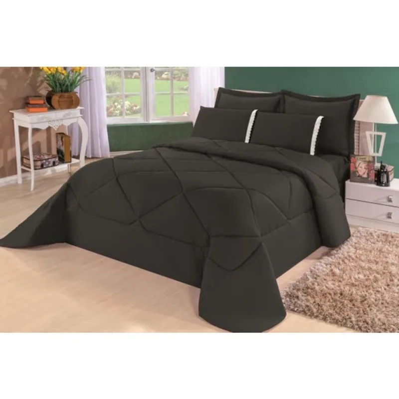 Kit Edredom Requinte Percal + Lençol Queen 6 Peças Preto