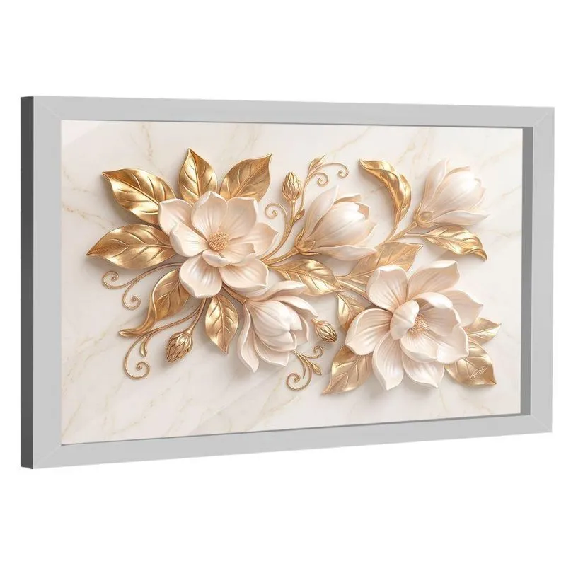 Quadro Decorativo Flores Douradas 3D Retangular Com Vidro Branco BR Artes