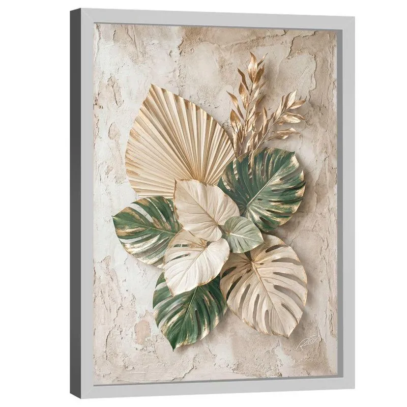 Quadro Decorativo 3D Folhas Verde e Dourada Retangular com Moldura Br Artes