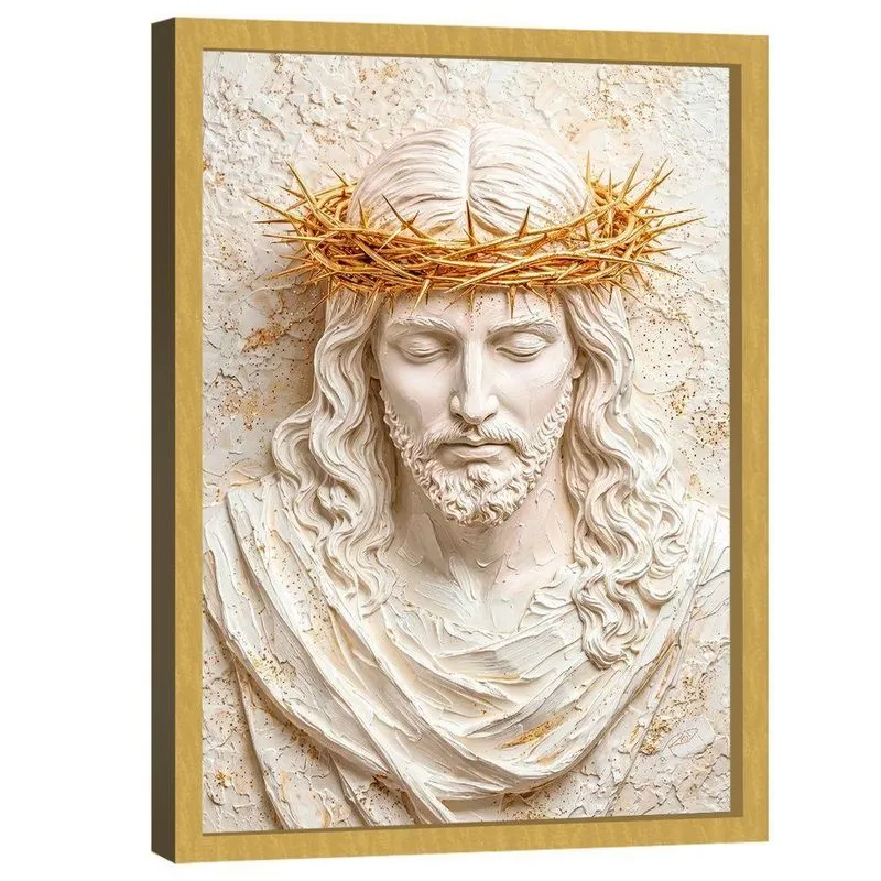 Quadro Decorativo Golden Jesus 3D Retangular Em Madeira Nobre Reflorestada Dourado BR Artes