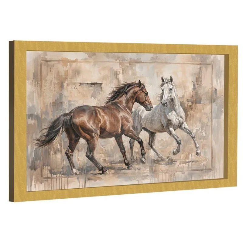 Quadro Decorativo Cavalos Em Fundo Abstrato Retangular Com Moldura Dourada E Vidro Br Artes