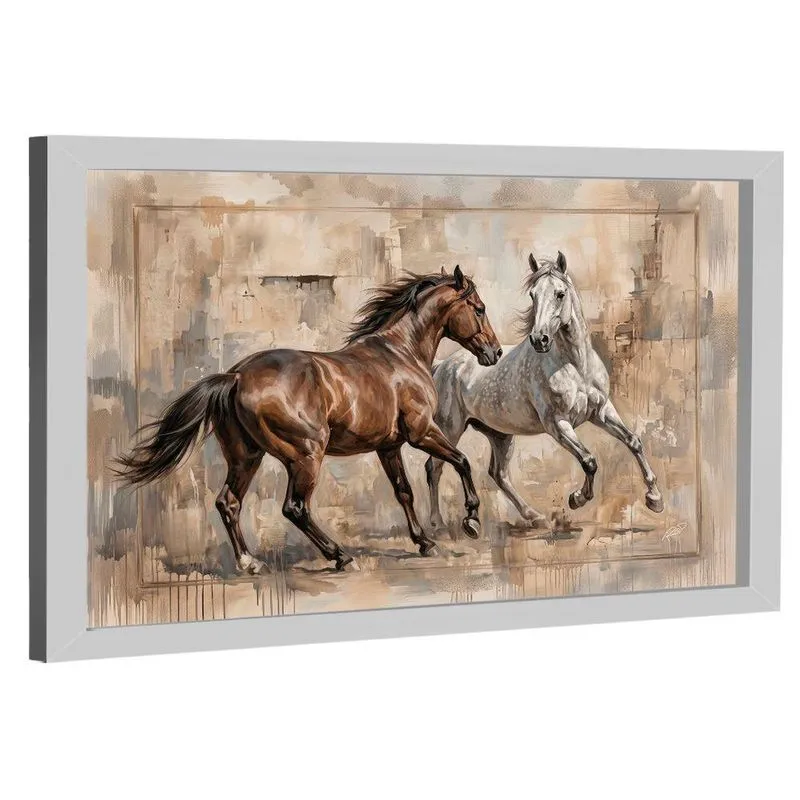 Quadro Decorativo Cavalos Em Fundo Abstrato 150x100cm Madeira Nobre Moldura Branca Br Artes