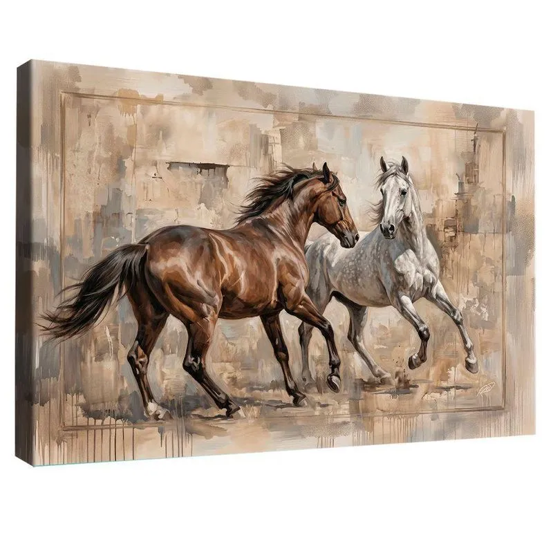Quadro Decorativo Cavalos em Fundo Abstrato Canvas 60x40cm Preto BR Artes