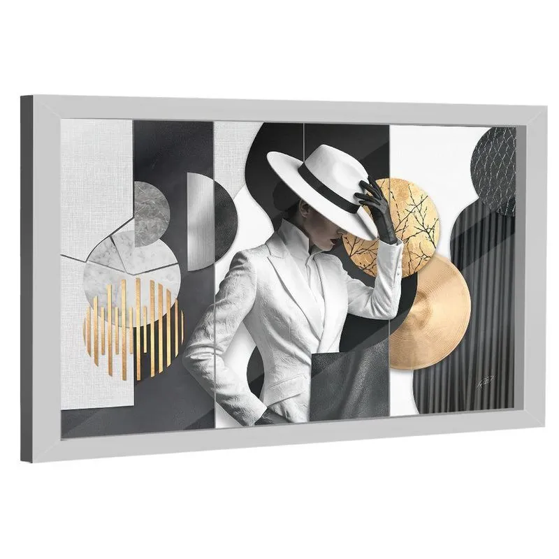 Quadro Decorativo Mulher Retangular 84x54cm Em Madeira Com Vidro Preto Branco E Dourado