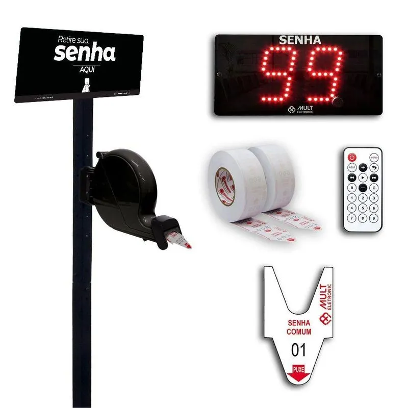 Kit Senha com Painel 2 Dígitos Dispensador e Pedestal Preto