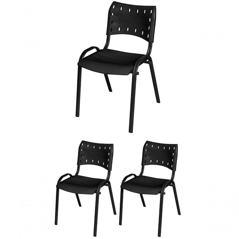 Cadeira Iso Base Preto Escola, Escritório Preto - Kit 3 Un