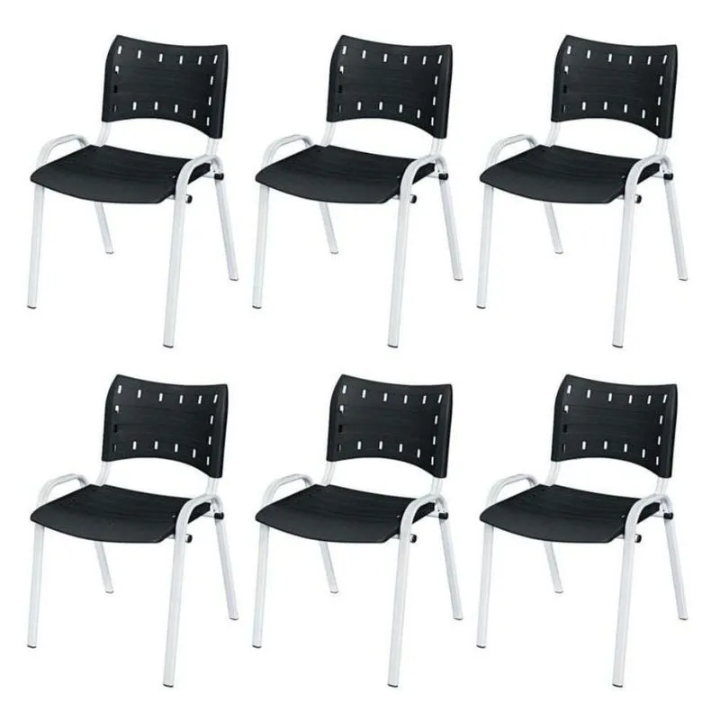 Cadeira Iso Base Branco Escola, Escritório Preto Kit 6 Un
