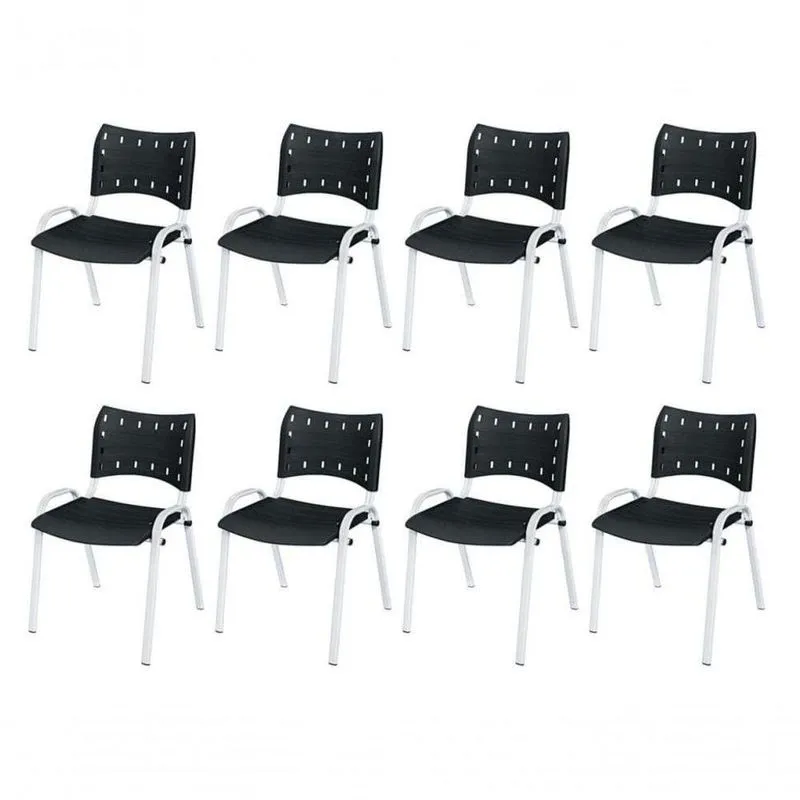 Cadeira Iso Base Branco Escola, Escritório Preto Kit 8 Un