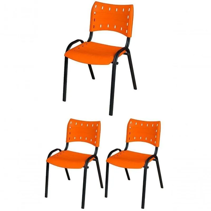 Cadeira Iso Base Preto Escola, Escritório Laranja - Kit 3 Un