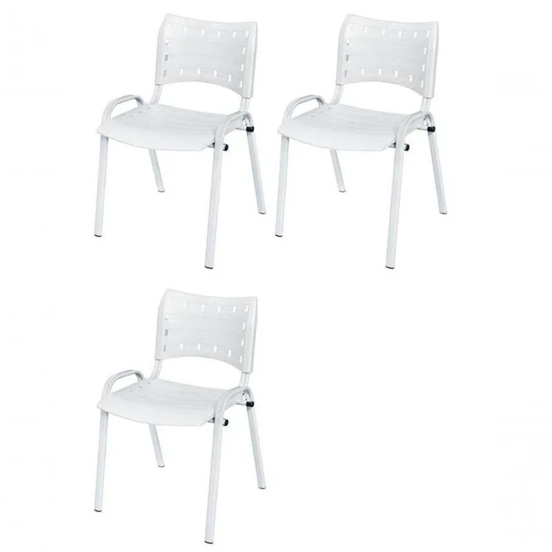 Cadeira Iso Base Branco Escola, Escritório Branco - Kit 3 Un