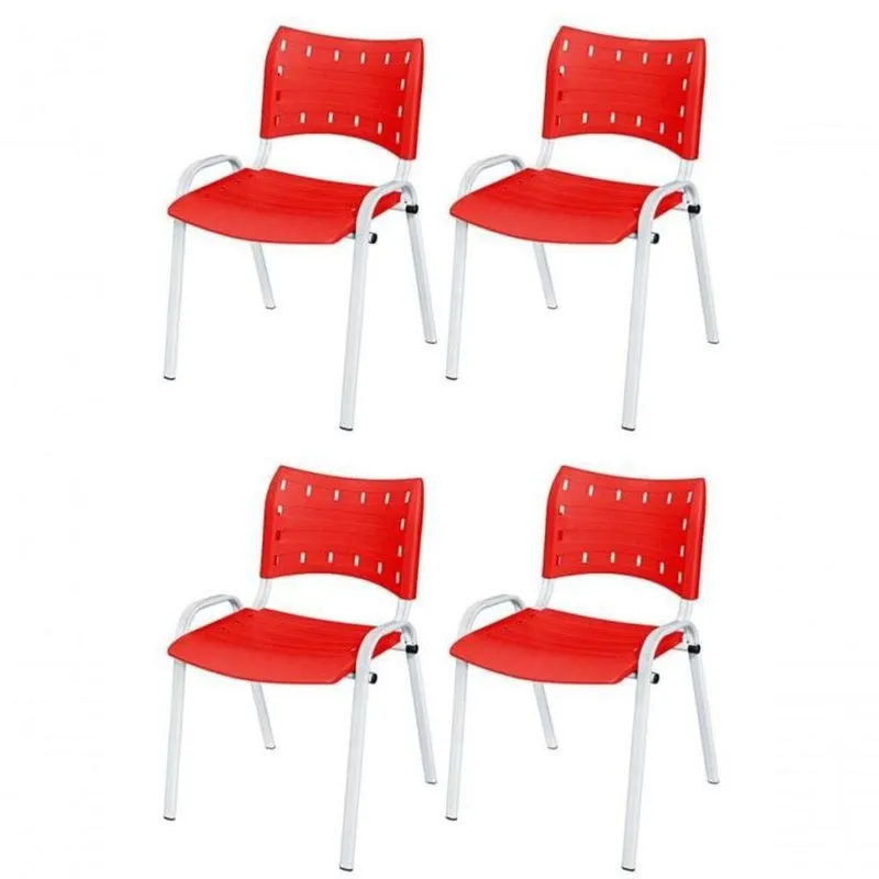 Cadeira Iso Base Branco Escola, Escritório Vermelho Kit 4 Un