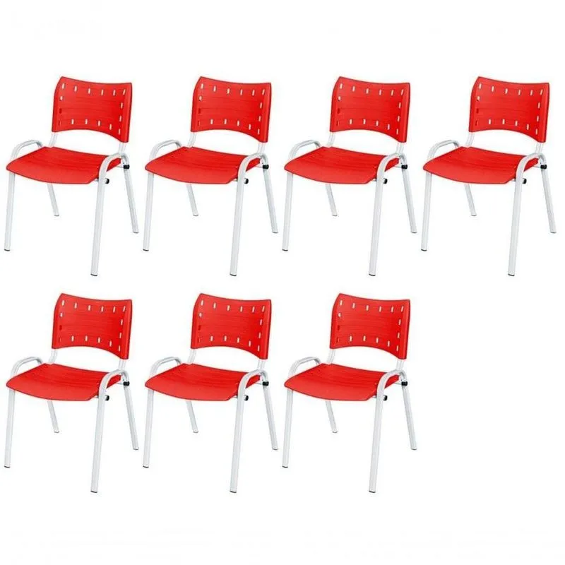 Cadeira Iso Base Branco Escola, Escritório Vermelho Kit 7 Un