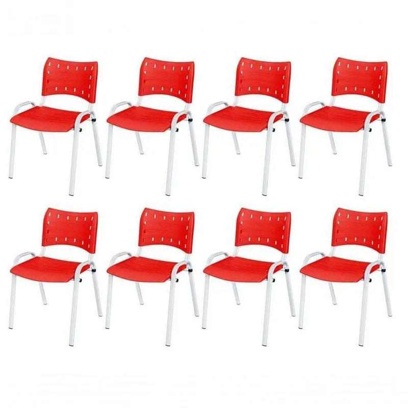 Cadeira Iso Base Branco Escola, Escritório Vermelho Kit 8 Un