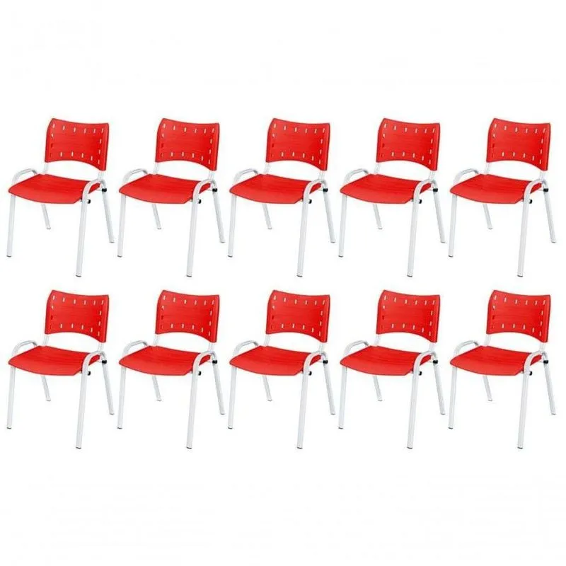 Cadeira Iso Base Branco Escola, Escritório Vermelho Kit 10 Un