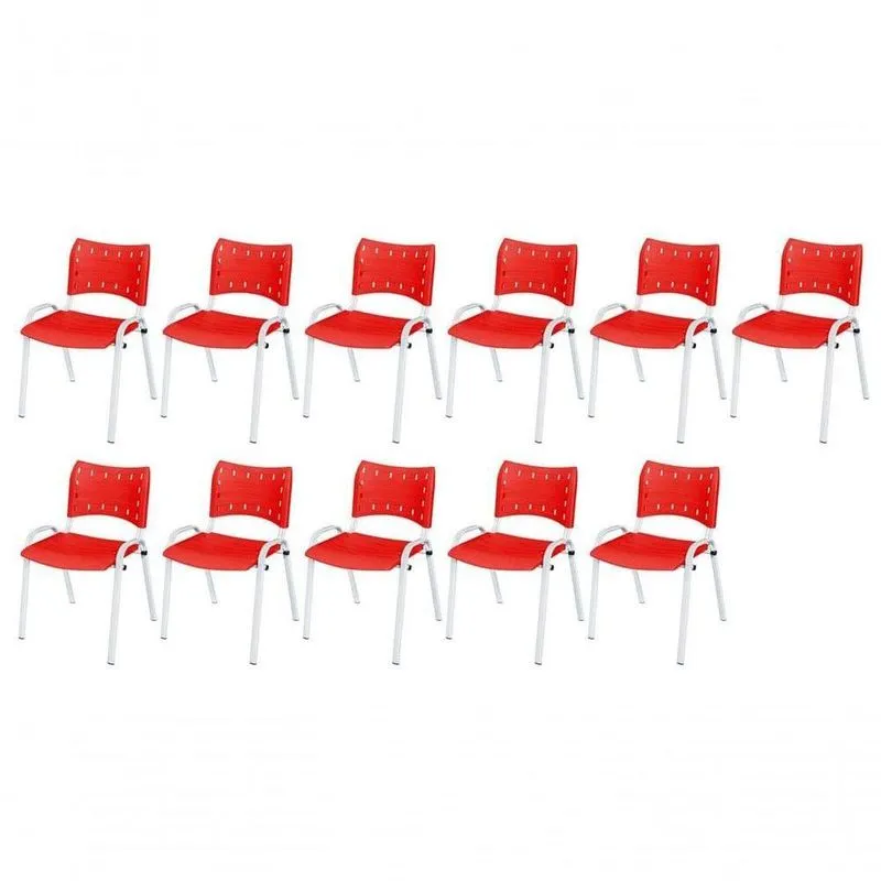 Cadeira Iso Base Branco Escola, Escritório Vermelho Kit 11 Un