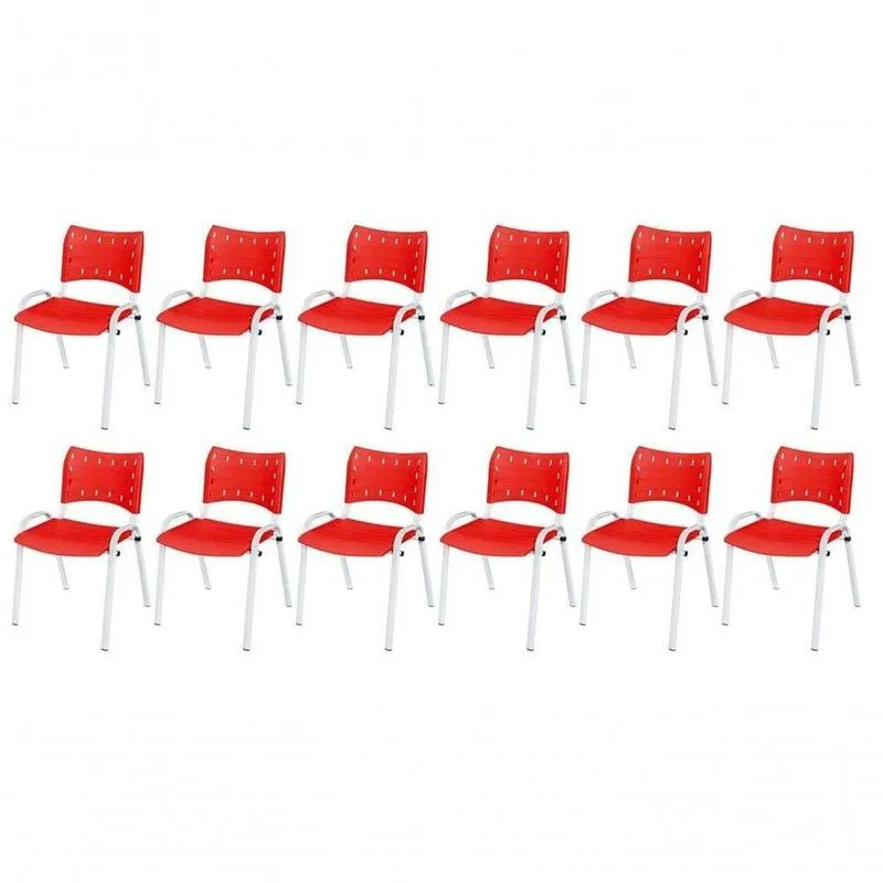 Cadeira Iso Base Branco Escola, Escritório Vermelho Kit 12 Un