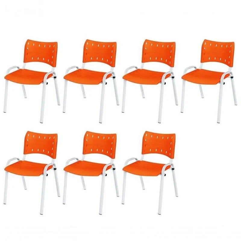Cadeira Iso Base Branco Escola, Escritório Laranja Kit 7 Un