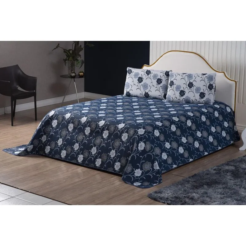 Cobre Leito Veneza Queen Dupla Face Azul/branco 3 Peças