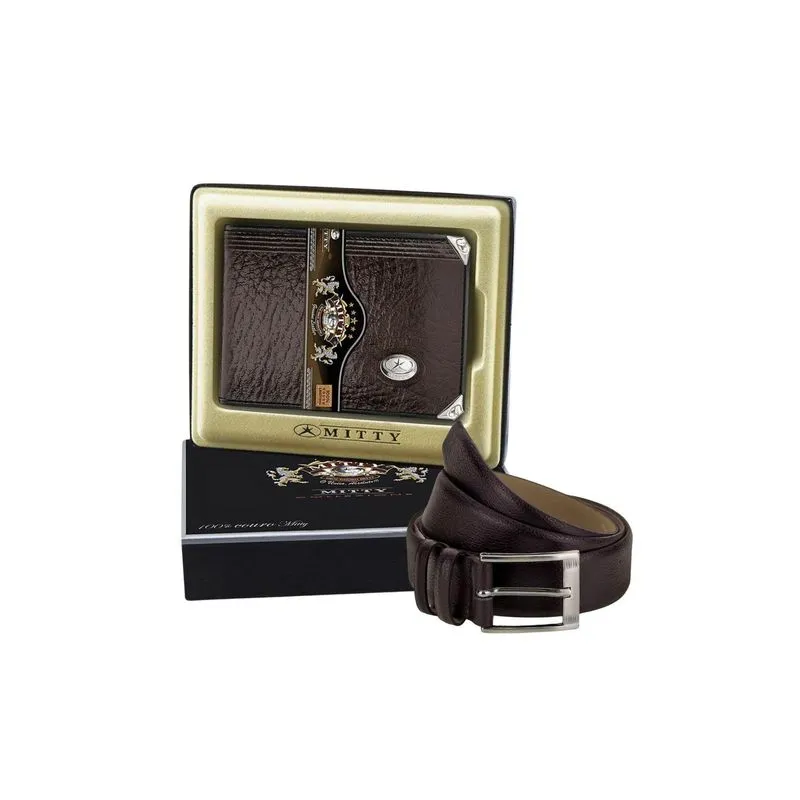 Kit Couro Carteira Mini Mitty Cinto Fasolo M0 - Marrom - 90