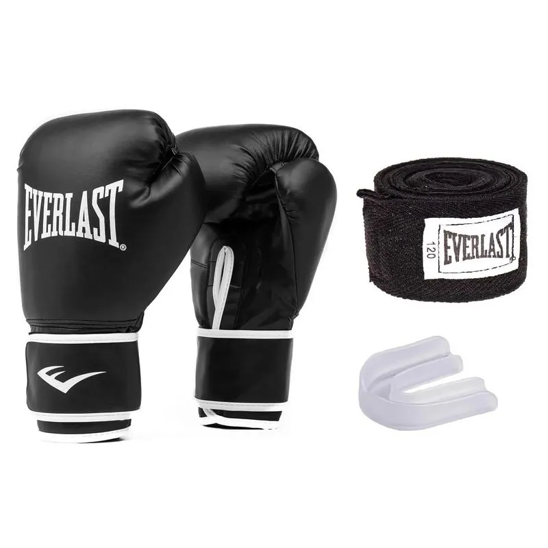 Kit Luvas De Treino / Boxe / Muay Thai - Everlast Core + Bandagem + Protetor Bucal