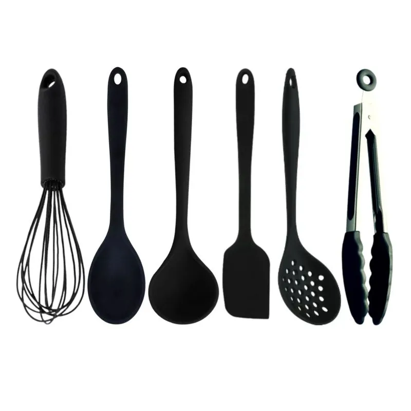 Kit Utensílios de Cozinha 06 Peças Silicone Aço Inox Preto