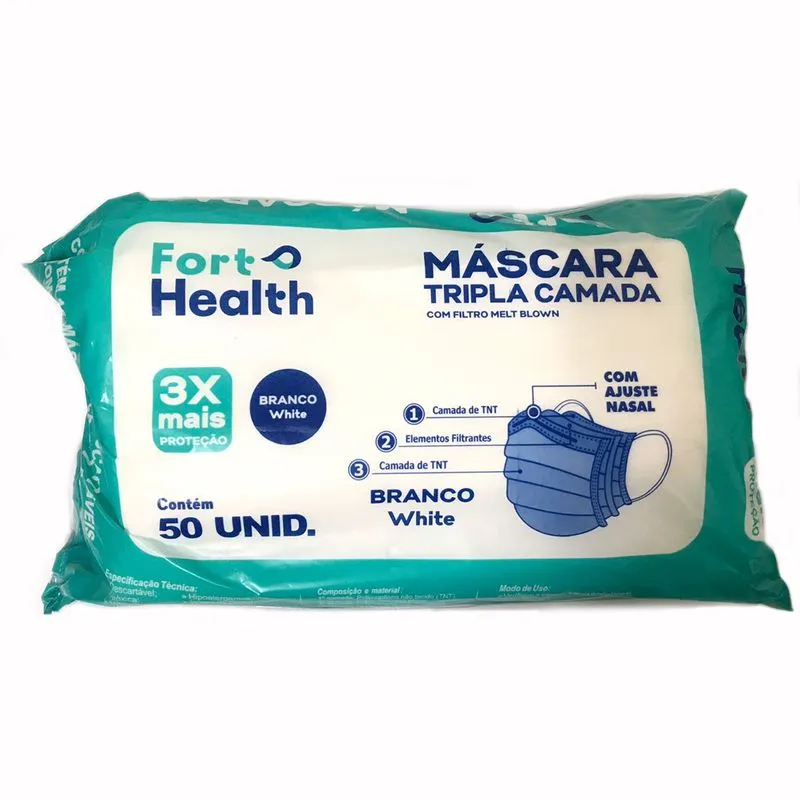 Pacote Máscara Descartável Tripla Branca 50 und Fort Health