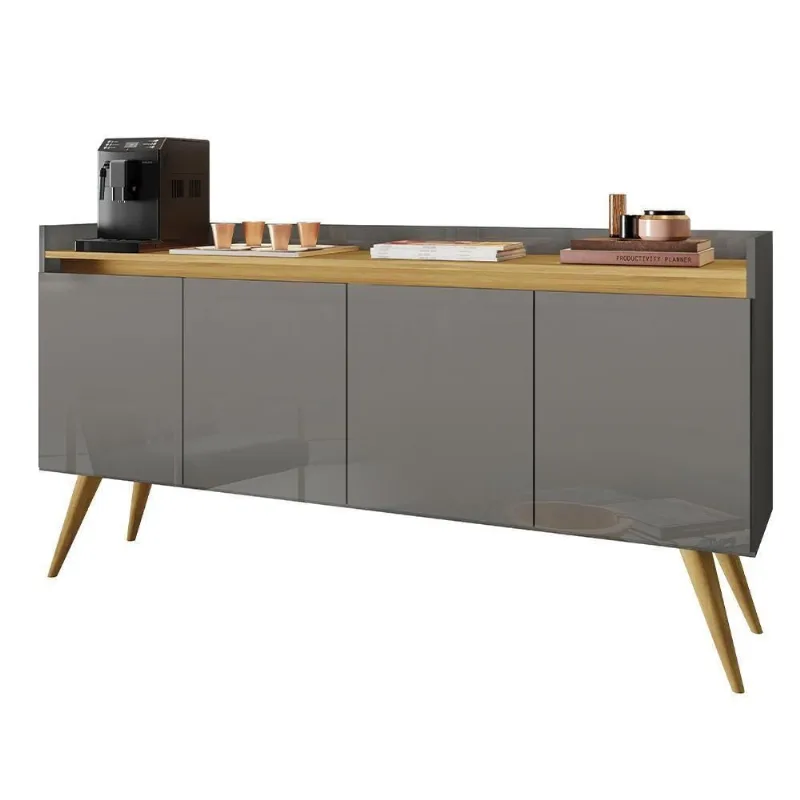 Aparador Buffet Sala Gold 4 Portas Com Pés De Madeira Maciça Cinza-mel Cinza-mel