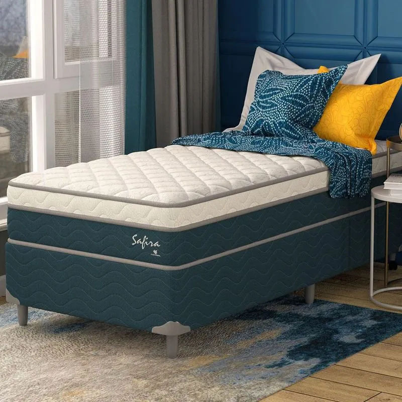 Cama Box Solteiro com Colchão Safira (63x88x188) Azul e Branco