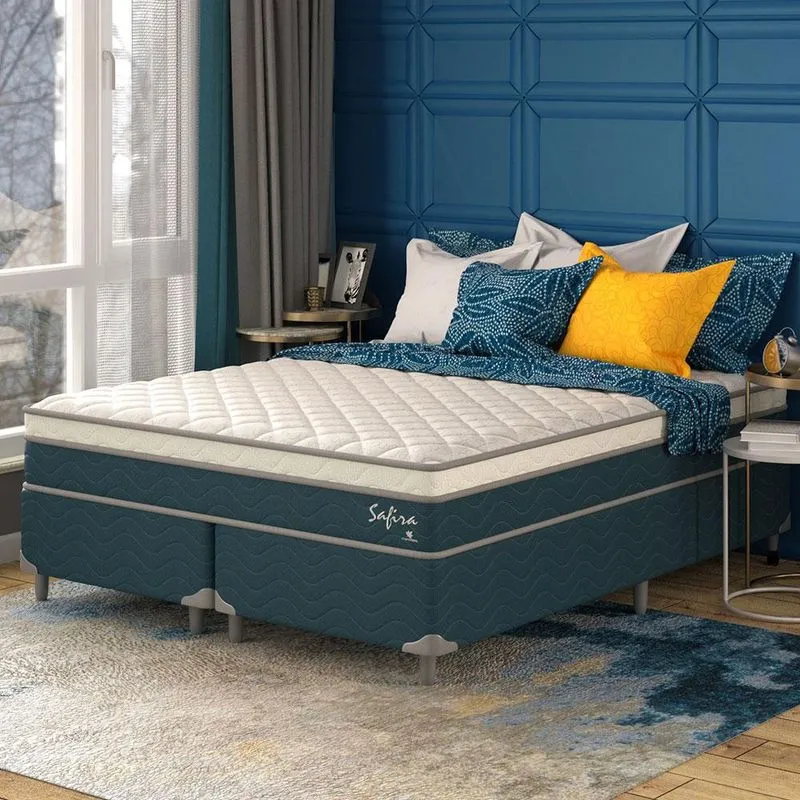 Cama Box Queen com Colchão Safira (63x158x198) Azul e Branco