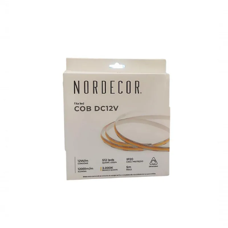 Fita Led Ip20 12w/m 12v Cob 1200lm/m 5mt Nordecor 3000k