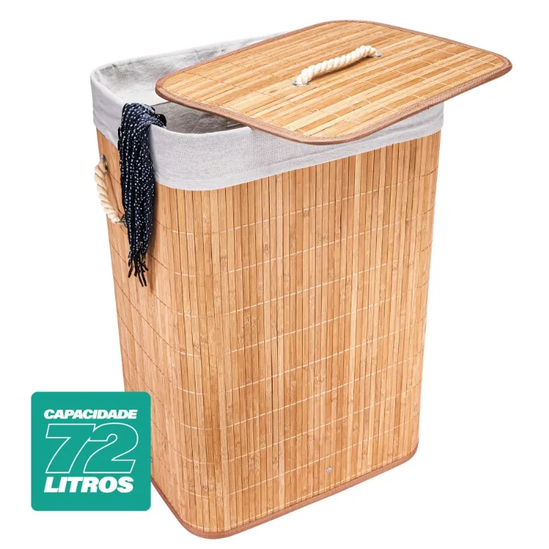 Cesto De Roupas Multiuso Roupeiro Bambu Retangular Artiko Pratic Organizador Com Tampa 72l - Natural