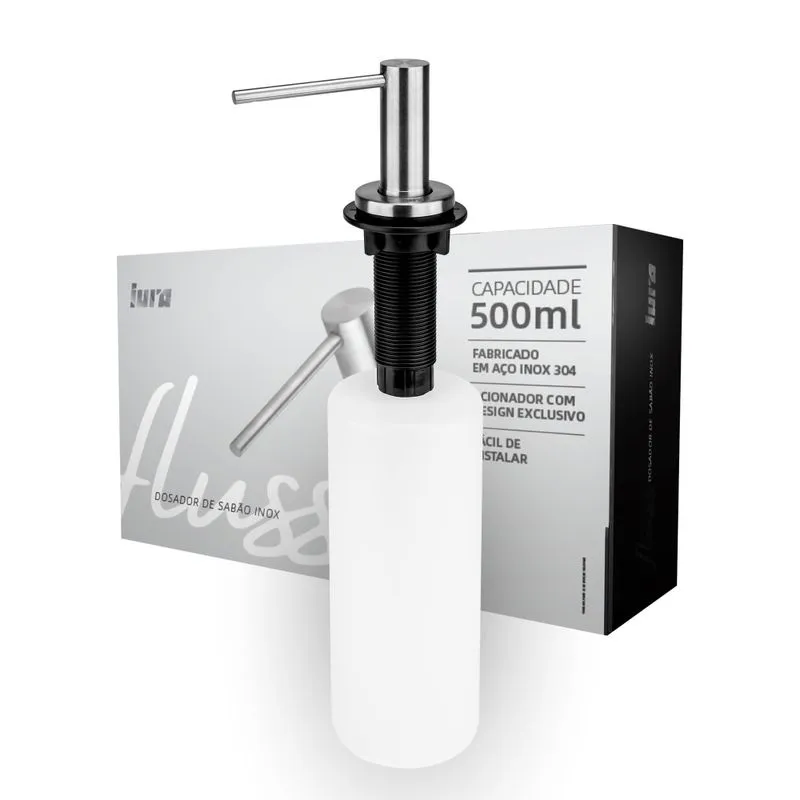 Dispenser Dosador De Sabão Porta Detergente Embutir Iura Fluss Bancada Inox Cromado 500ml