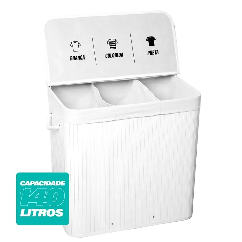 Cesto De Roupas Com Divisória Roupeiro Bambu Branco Artiko Family Organizador Triplo Com Tampa 140l