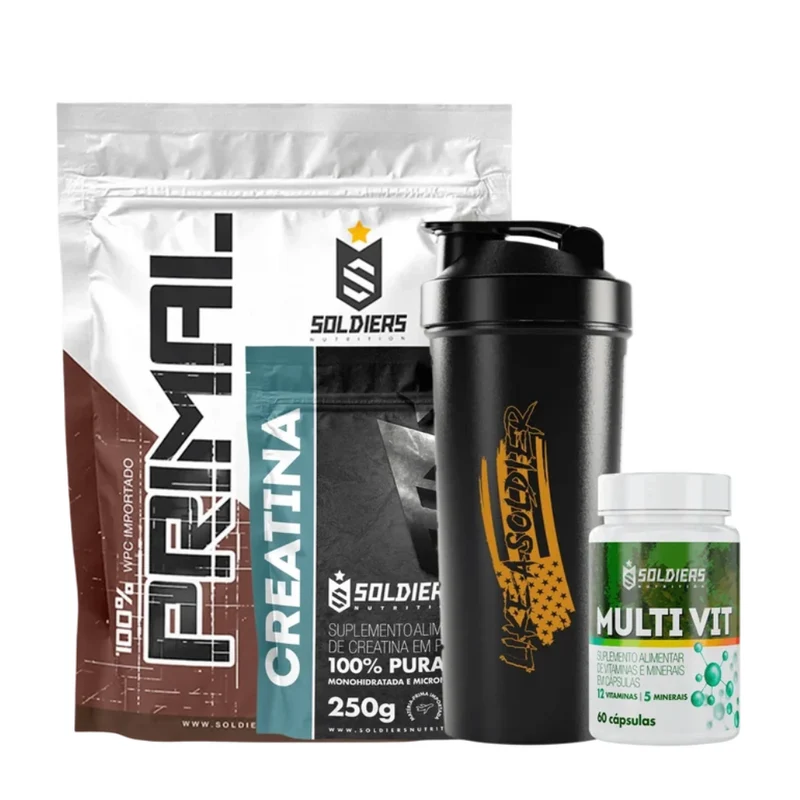Kit Iniciante Whey Primal 1Kg + Creatina 250g + Multi Vita 60 Cáps + Coqueteleira 600ml CHOCOLATE BELGA