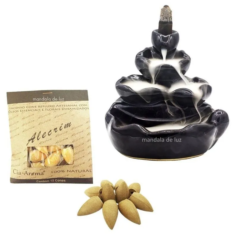 Combo Incensário Cascata Flor De L[otus Cerâmica + Incenso Cone Alecrim Natural