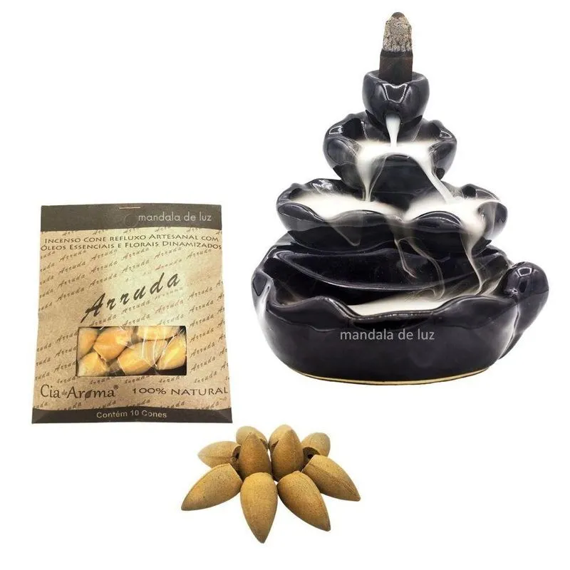 Combo Incensário Cascata Flor De Lótus 4 Quedas Preto Cerâmica 10cm + Incenso Cone Arruda