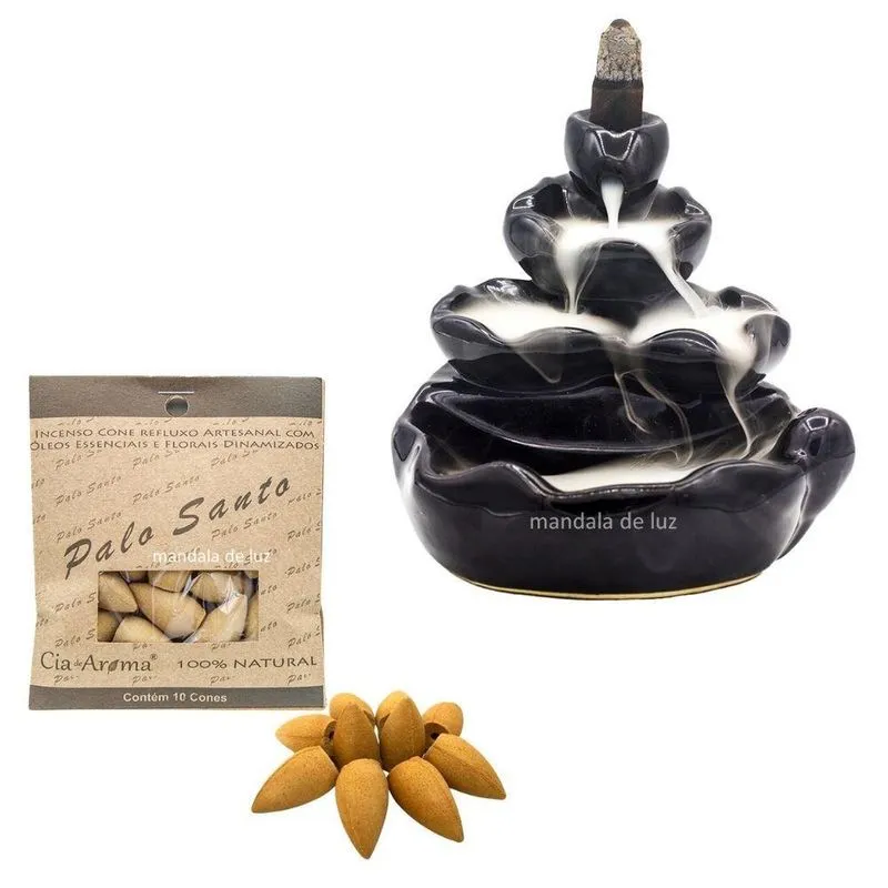 Combo Incensário Cascata Flor De Lótus 4 Quedas Preto Cerâmica 10cm + Incenso Cone Palo Santo