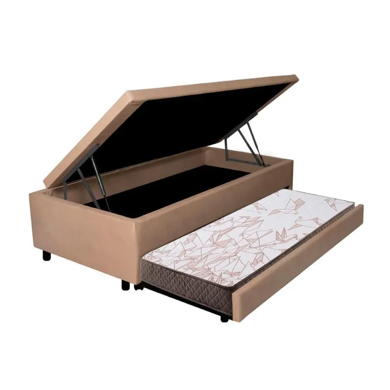 Bicama Box Com Baú Viúvo 120x203 com Colchão Auxiliar Courino Linho Bege